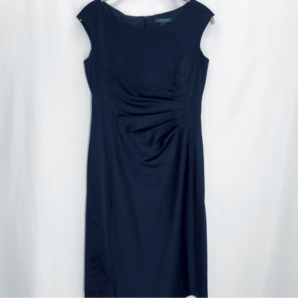 Lauren R. L. satin midi dress blue size 4 cap sleeves office work party holiday